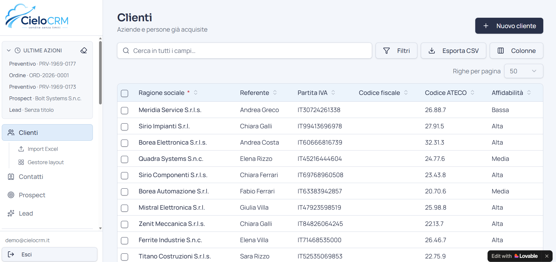 Elenco clienti di CieloCRM con filtri, colonne configurabili ed esportazione